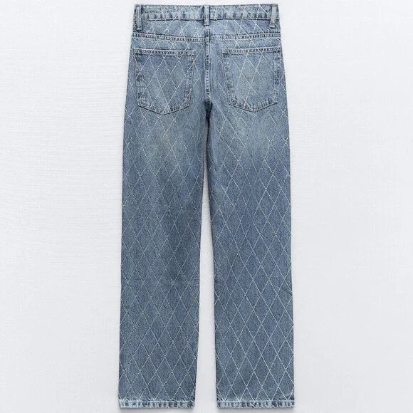 Zara TRF Mid Rise Rhinestone Jeans Beaded Denim Straight Leg